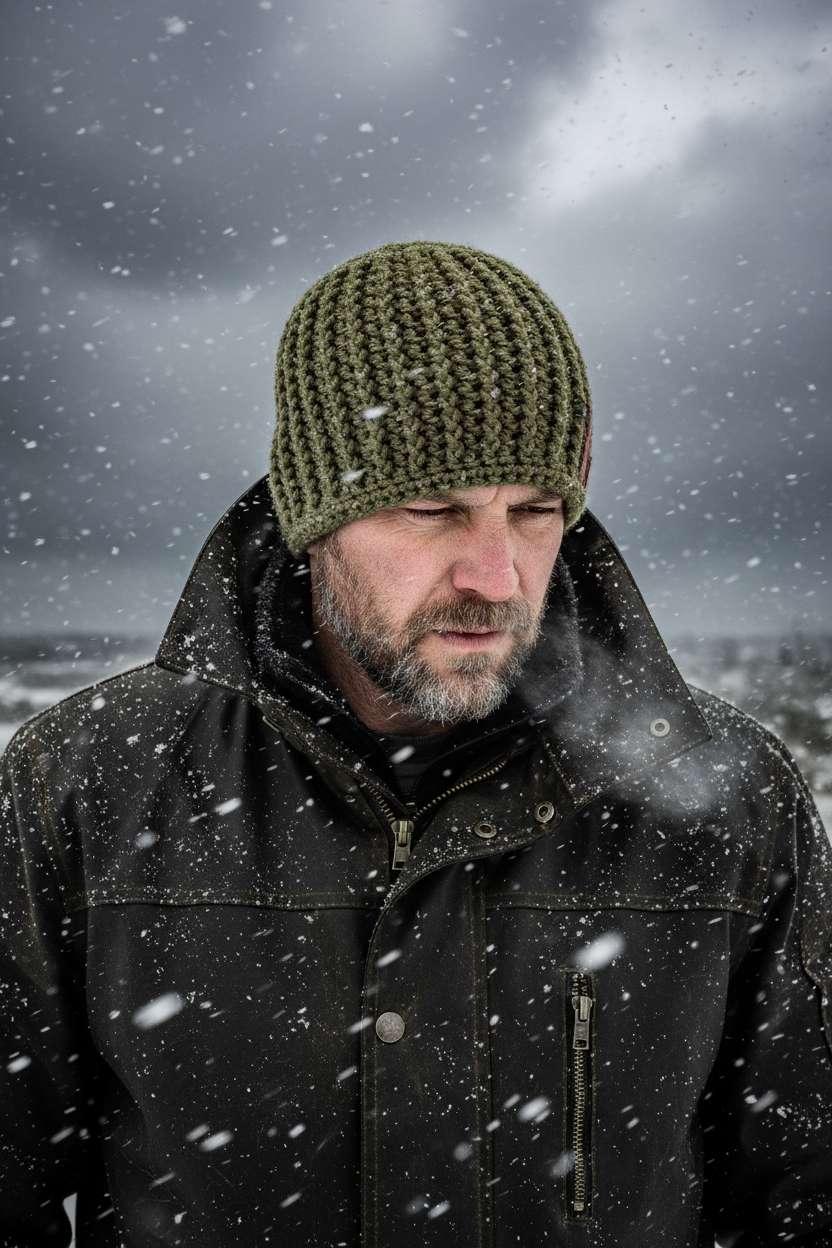 Male model wearing Mossline skull cap On-Head, showing crochet texture on close fit Skull Hugger in a snowy cold Climate