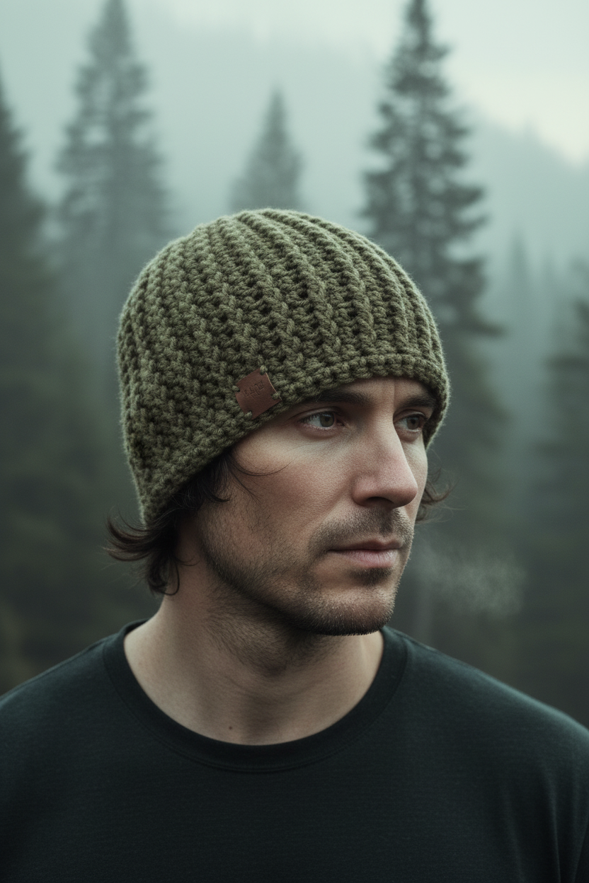 Male model wearing Mossline skull cap On-Head, showing crochet texture on close fit Skull Hugger in a foggy forest setting