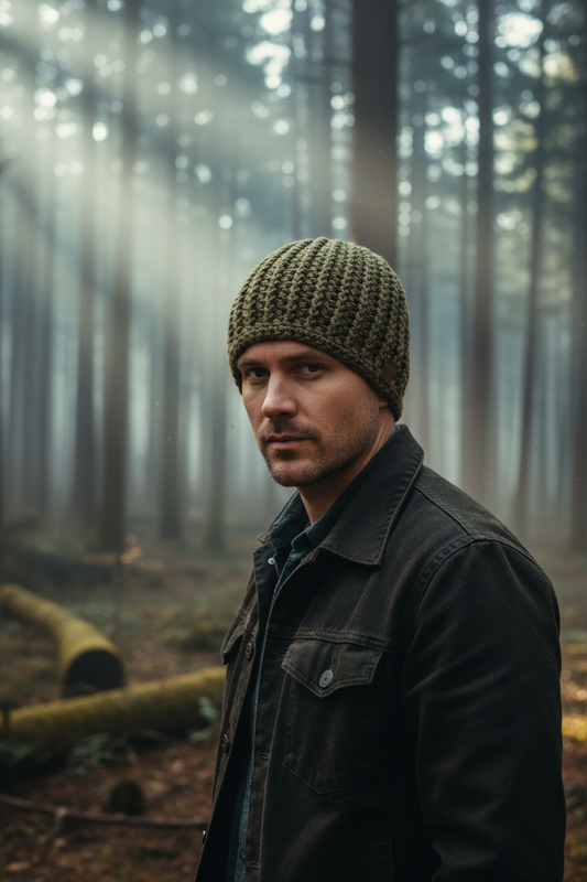 Mossline being worn by a male model in the woods showing skull cap in green, thats warm and close fit