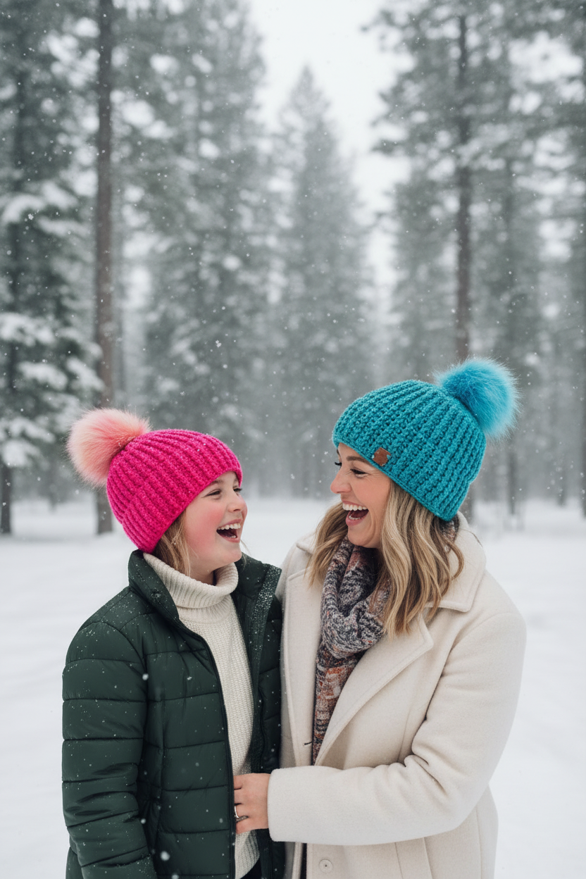 Mother and Daughter wearing Hot Pink Ignite and Blue Alpine Surgeribbed crochet beanies worn in outdoor winter setting