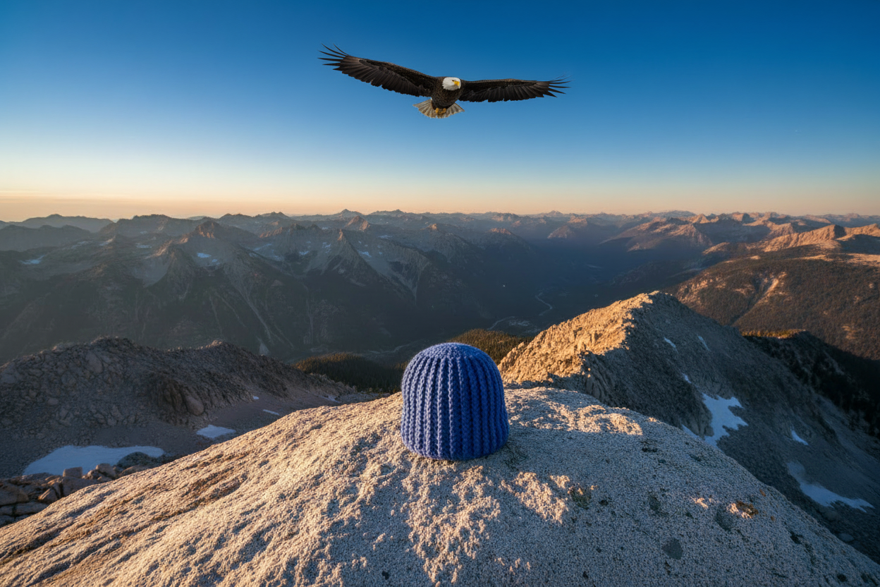 Open Sky ribbed Skull Hugger, Skull Cap crochet beanie worn on mountain overlook in cold winter environment