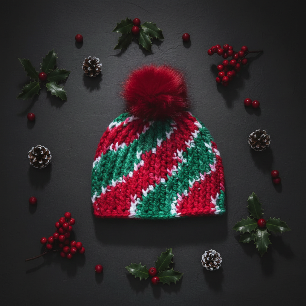 Peppermint Rally ribbed crochet beanie styled still life highlighting dense cold-weather construction