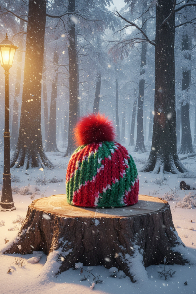 Peppermint Rally ribbed crochet beanie worn in snowy forest winter scene