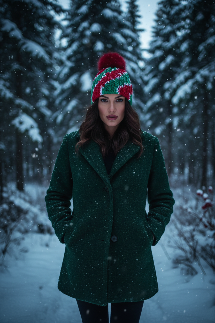 Peppermint Rally ribbed crochet beanie featured in snowy winter lifestyle scene