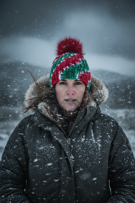 Peppermint Rally ribbed crochet beanie worn in cold outdoor portrait setting