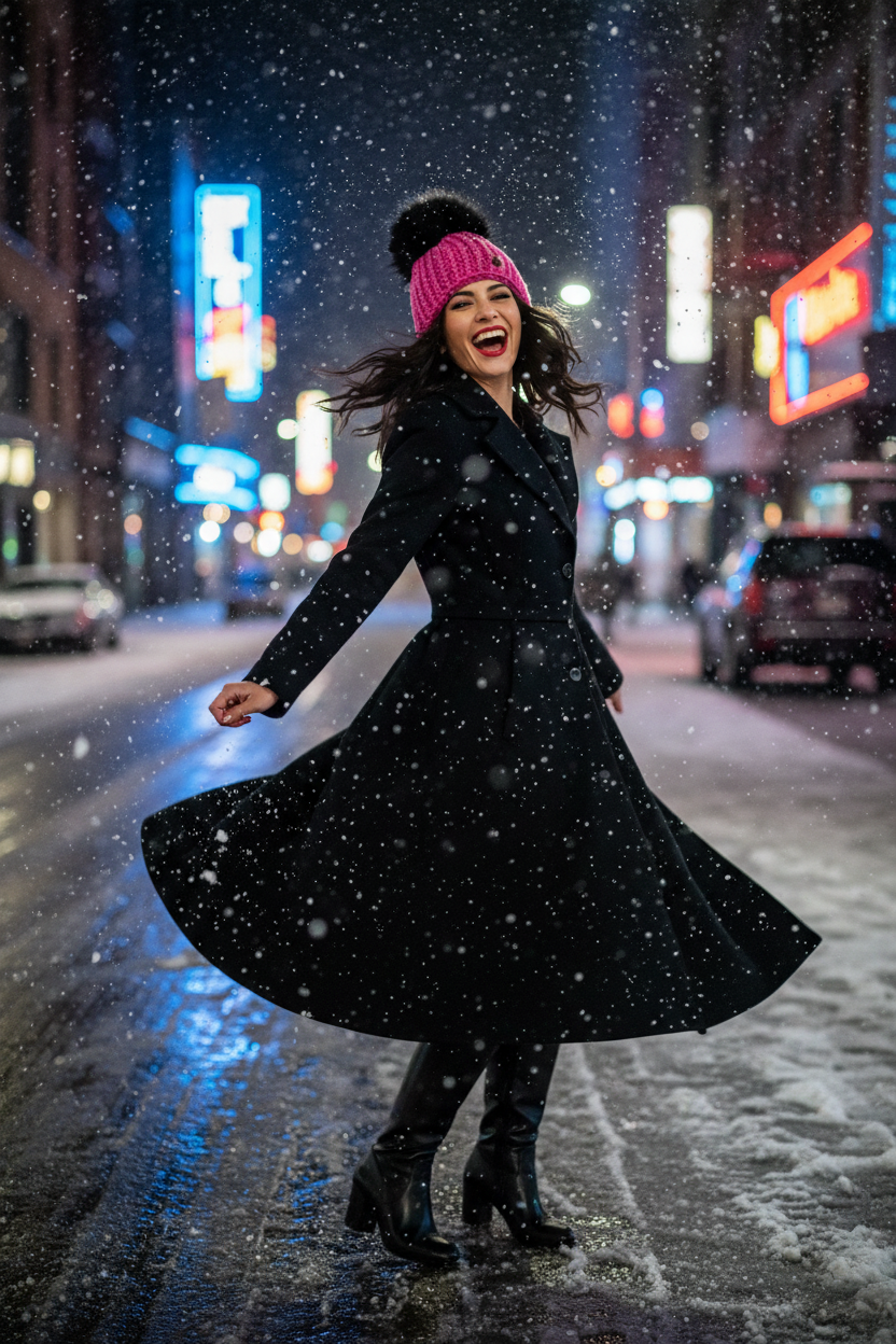 Woman in a black coat and pink beanie dancing in the snow on a city street at night.