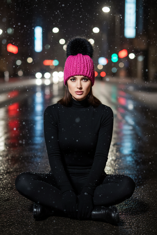 Woman sitting on a wet street at night wearing a pink beanie and black outfit.