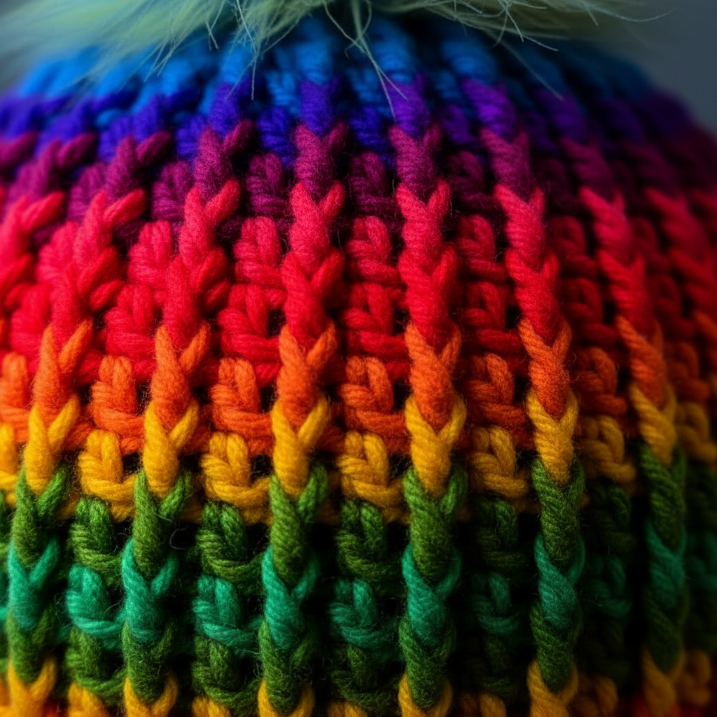 Close-up of a multicolored crochet fabric with a gradient pattern.