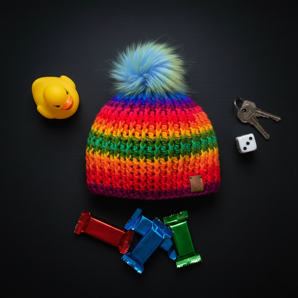Colorful crochet rainbow hat with a pom-pom, rubber duck, keys, and dice on a black background