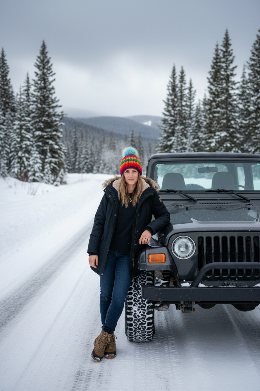 Person leaning against a black Jeep in a snowy forest road
