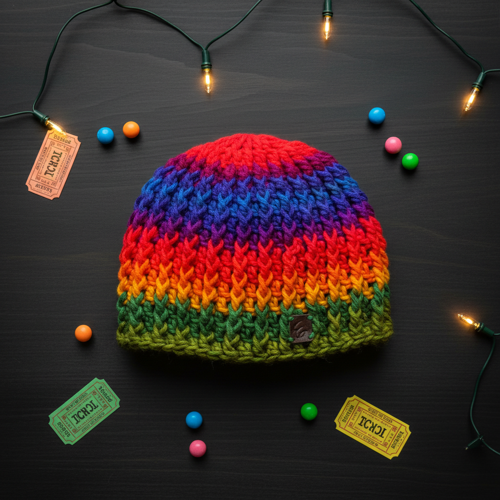 Prism Current skull cap skull hugger crochet beanie in bold multicolor striped yarn styled in vibrant flat lay composition for winter wear