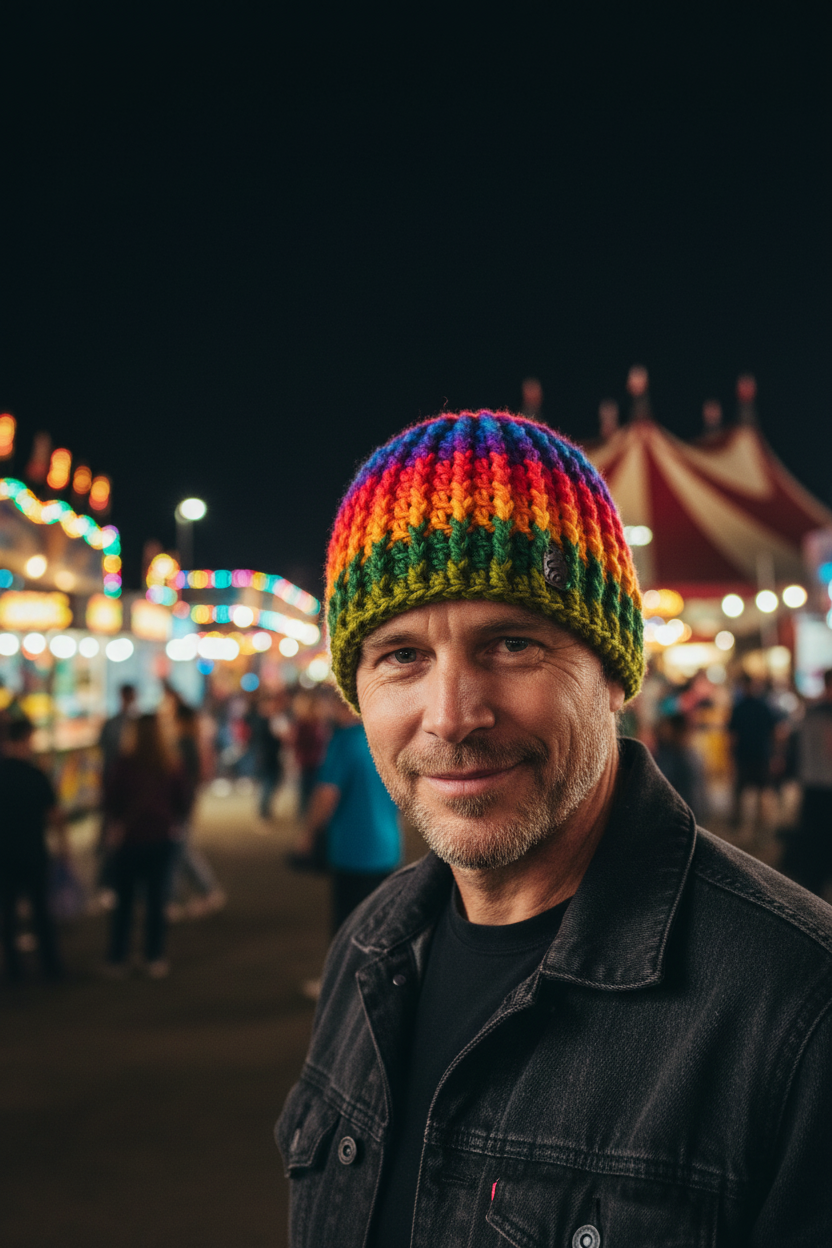 Model wearing Prism Current crochet skull cap skull hugger beanie in multicolor rainbow ribbed yarn worn outdoors at night with festival lights for winter wear