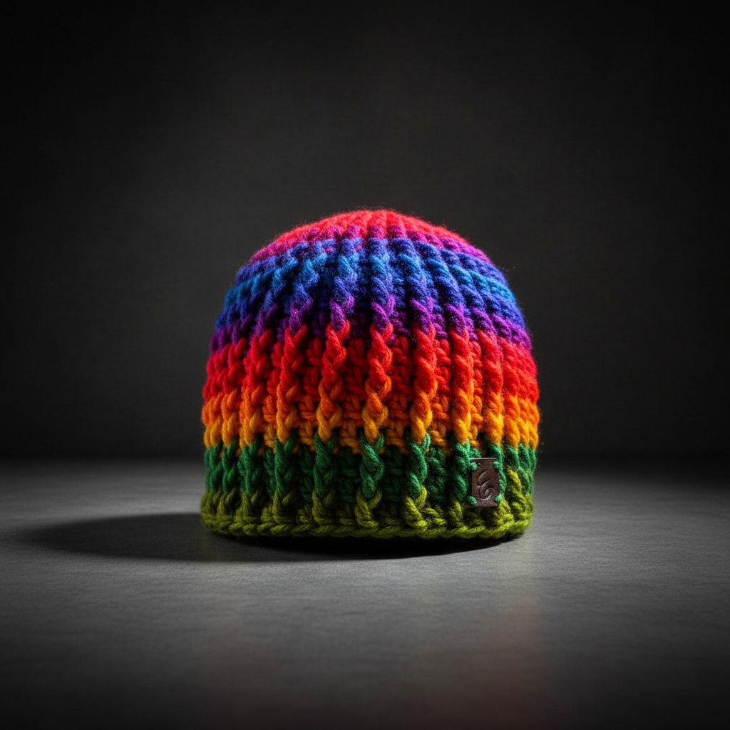 Prism Current crochet skull cap skull hugger beanie in bold multicolor striped yarn standing upright with smooth single layer edge for winter wear