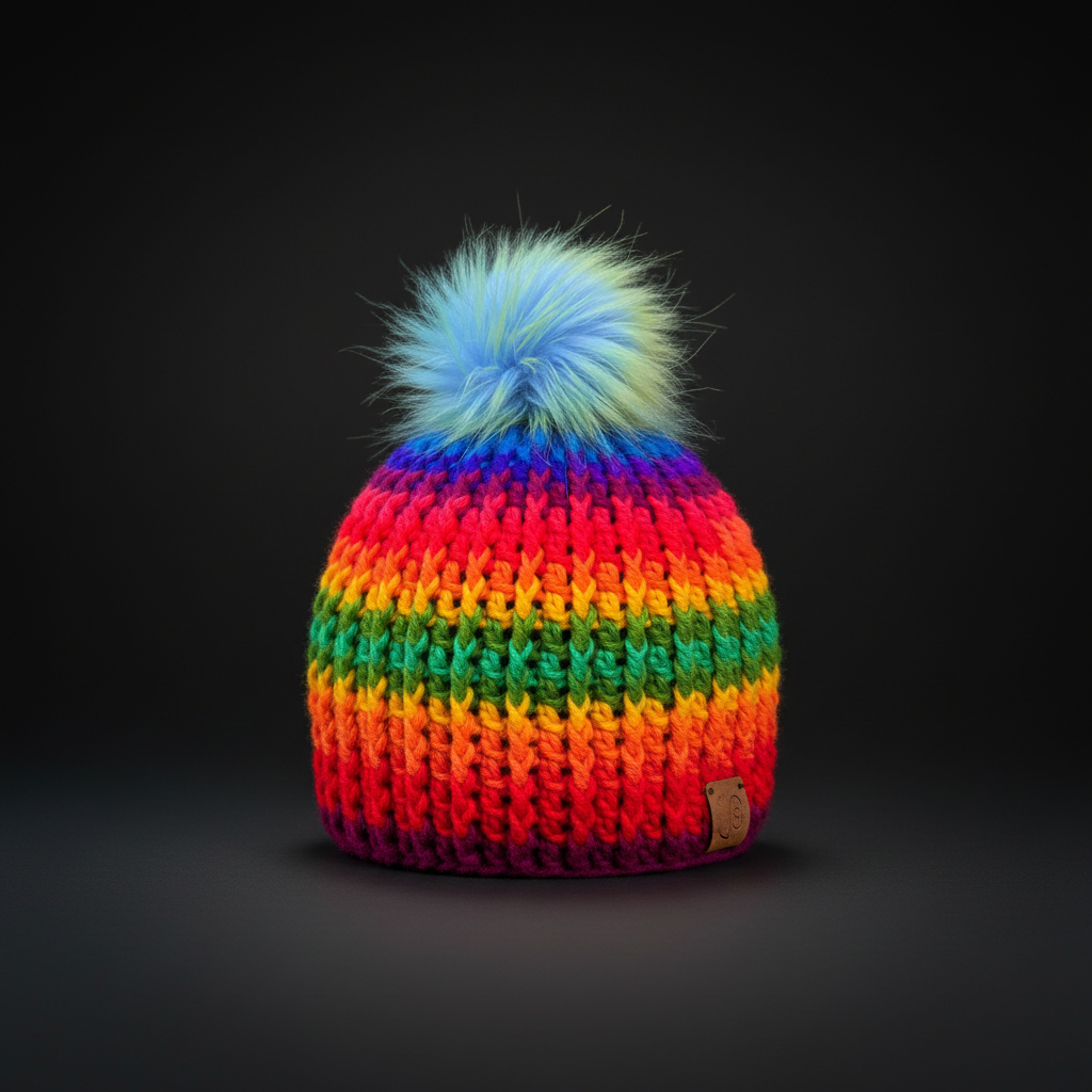 Rainbow ribbed crochet beanie with multicolor stripes and soft pom pom, designed for cold weather winter wear