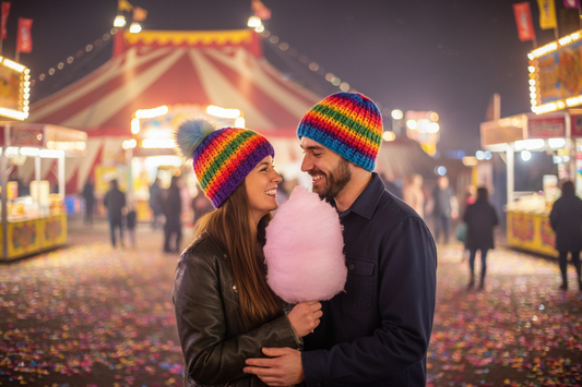 Matching Set companion piece Prism Current ribbed crochet beanies worn outdoors in winter setting
