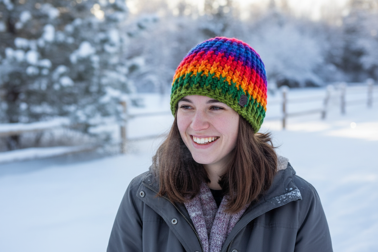 Prism Current crochet skull hugger skull cap worn outdoors in cool-weather environment