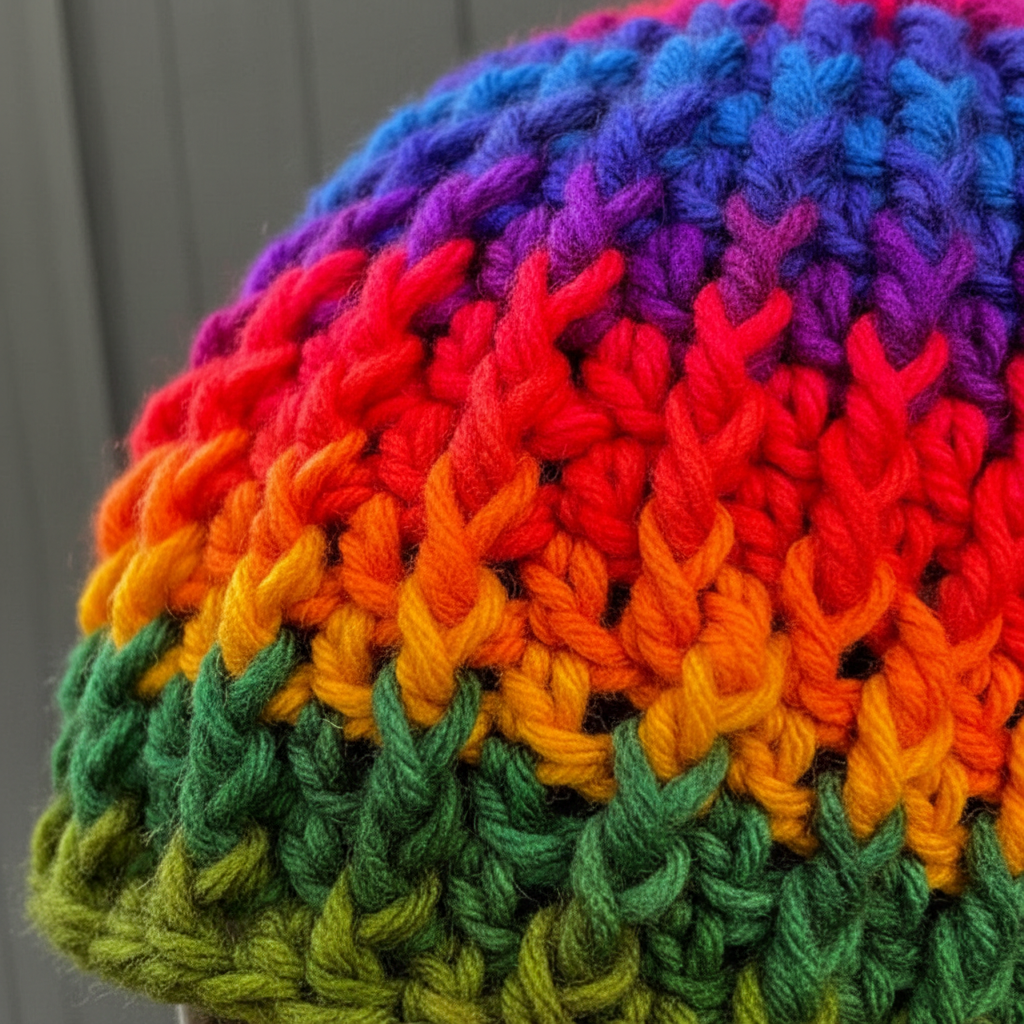Prism Current crochet skull cap skull hugger beanie close up of multicolor striped rainbow  stitch pattern highlighting thick textured yarn for winter wear