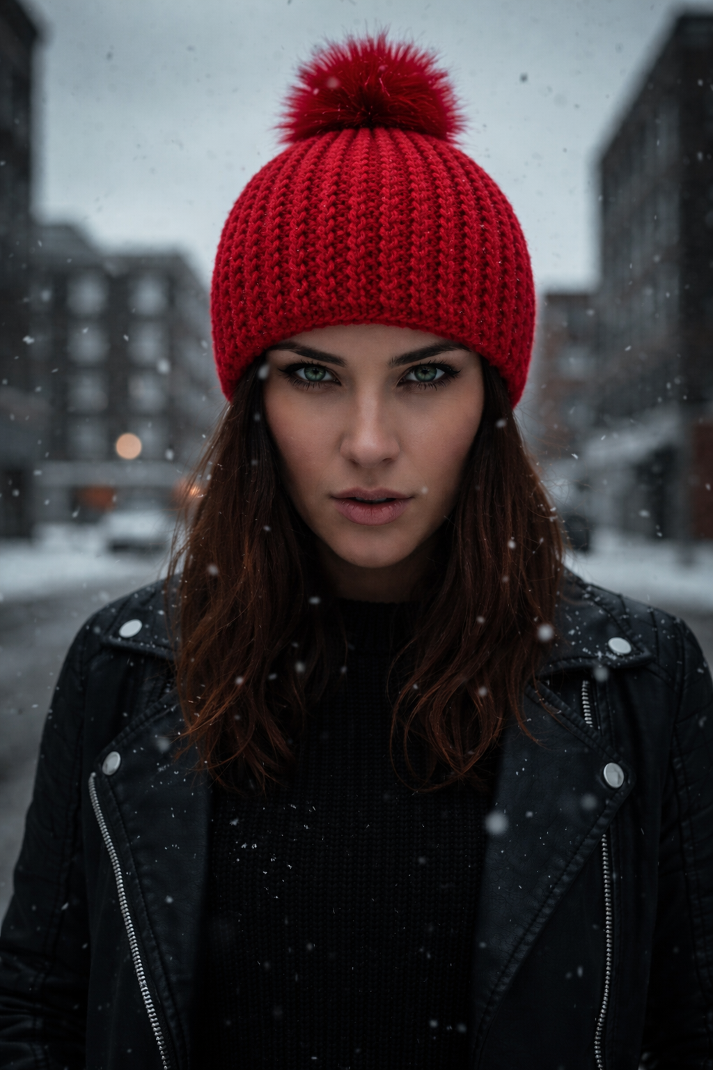 Redline ribbed crochet beanie worn outdoors in snowy winter environment