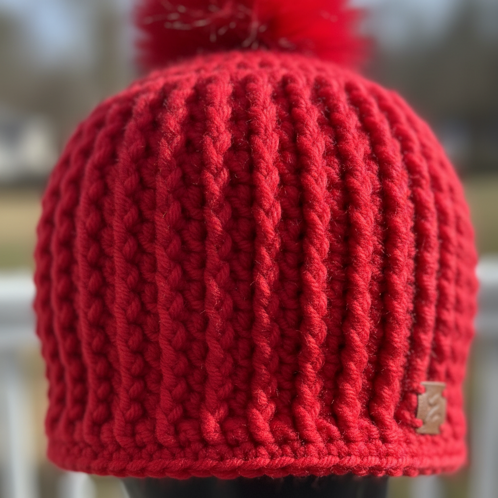 Close up of Redline ribbed crochet beanie with Pom highlighting dense winter stitch detail
