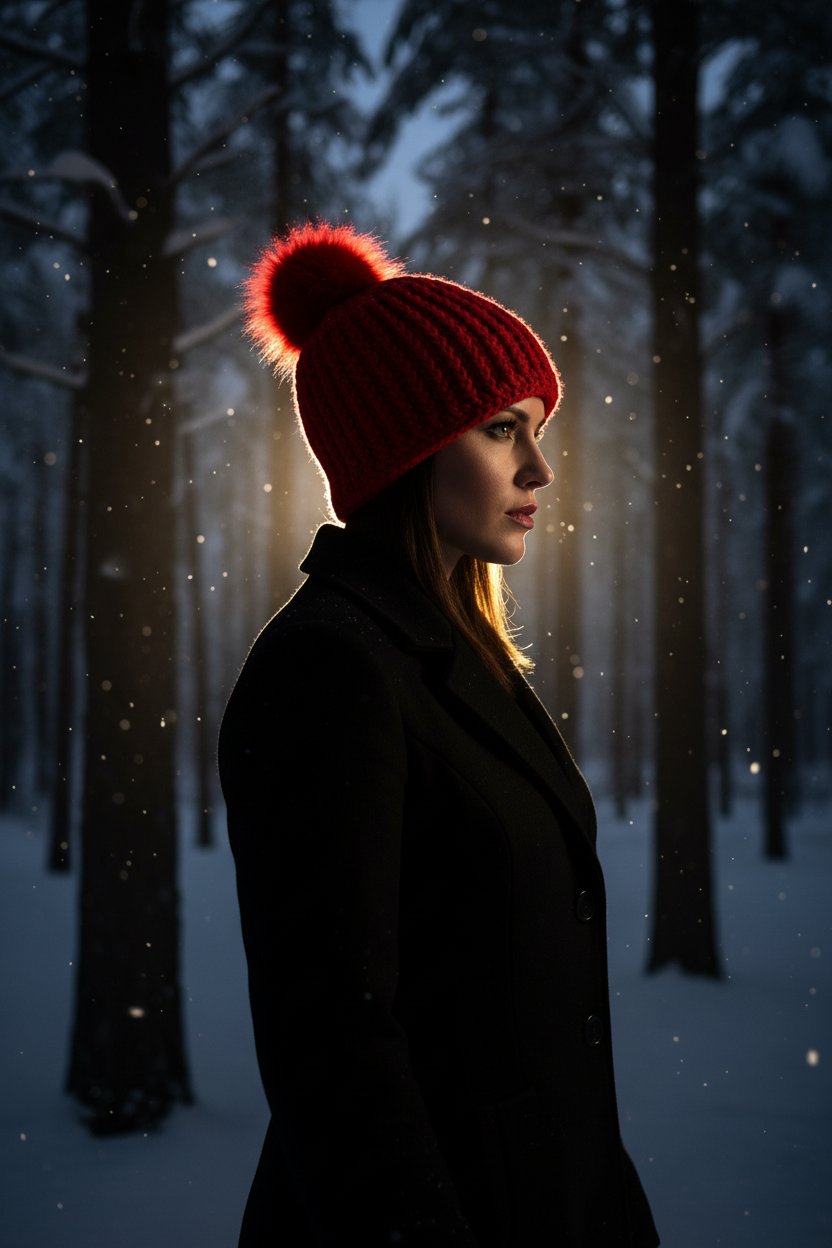 Redline ribbed crochet beanie worn in cold weather portrait setting


