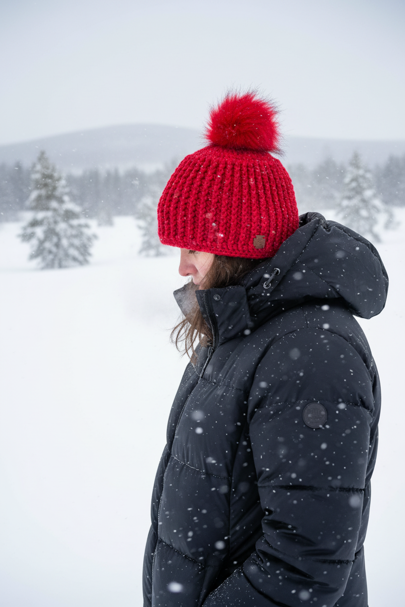 Redline ribbed crochet beanie worn in snowy winter conditions demonstrating cold weather performance
