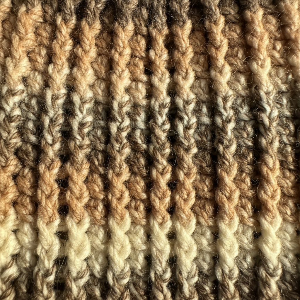 crochet skull cap no brim skull hugger in neutral earth tones close up showing fitted stitch texture for warmth