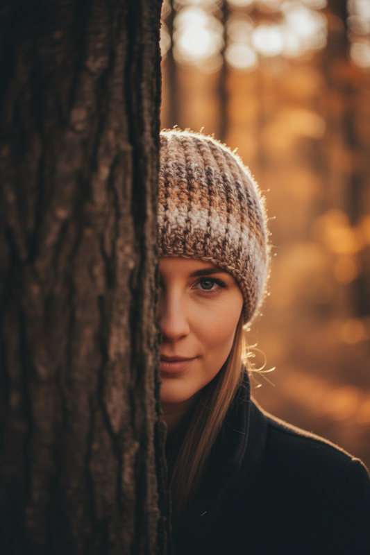 crochet skull cap no brim skull hugger in neutral earth tones worn close to head in cold woodsy environment showing fitted texture and outdoor use