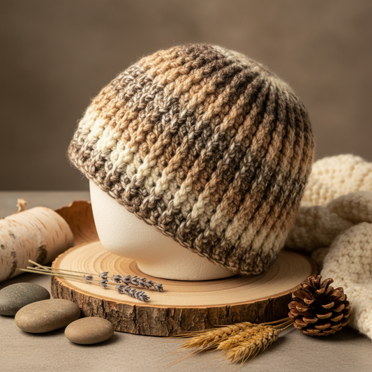 crochet skull cap no brim skull hugger in neutral earth tones worn close to head in cold woodsy environment showing fitted texture and outdoor use Still-Life