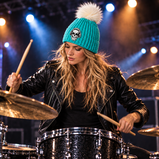 Woman wearing Rock Anthem™ No. 09 while playing drums under concert lights.