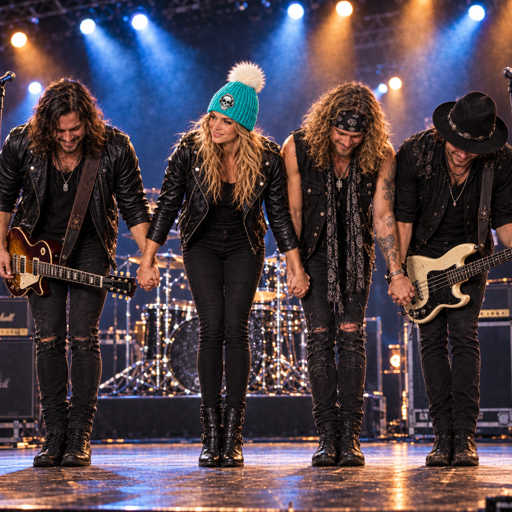 Woman wearing Rock Anthem™ No. 09 onstage with a rock band after a performance. Female drummer and her bandmates taking a bow onstage