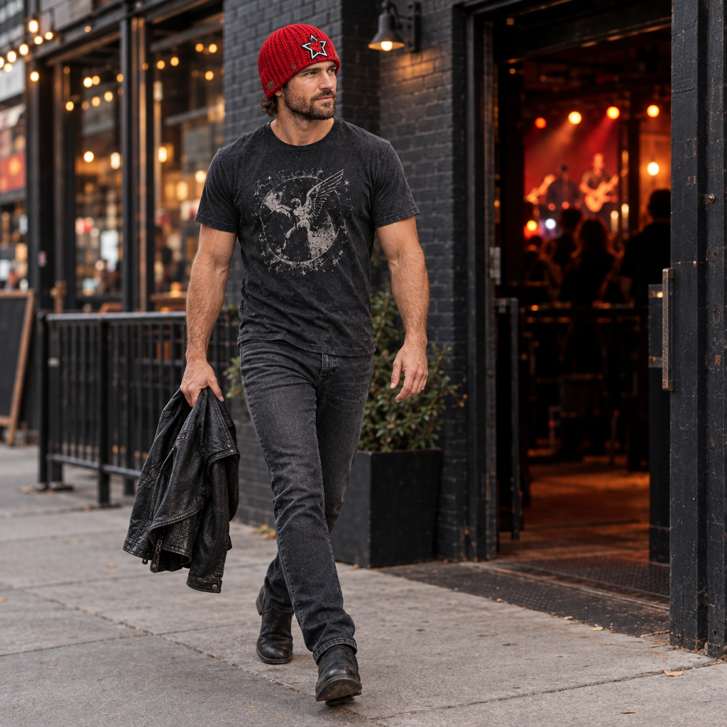 Rock Anthem™ No. 10 crimson handmade Big Noggin beanie with Classic Rib™ texture, Flat Head Crown™ and horns-up star patch, shown worn outdoors.