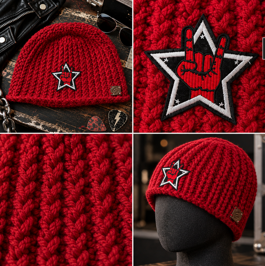Rock Anthem™ No. 10 crimson Big Noggin Classic Rib™ beanie with Flat Head Crown™, horns-up star patch, stitch detail and mannequin view.