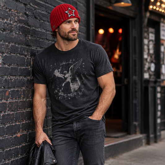 Rock Anthem™ No. 10 handmade crimson Classic Rib™ beanie in Big Noggin fit with Flat Head Crown™ and black, white and red horns-up star patch.