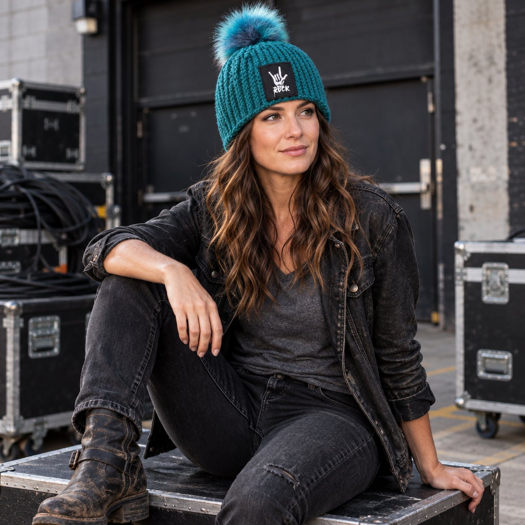 Rock Anthem™ No. 11 teal handmade Classic Rib™ beanie with Flat Head Crown™, blue faux-fur pom and black ROCK hand-horns patch, shown worn backstage.