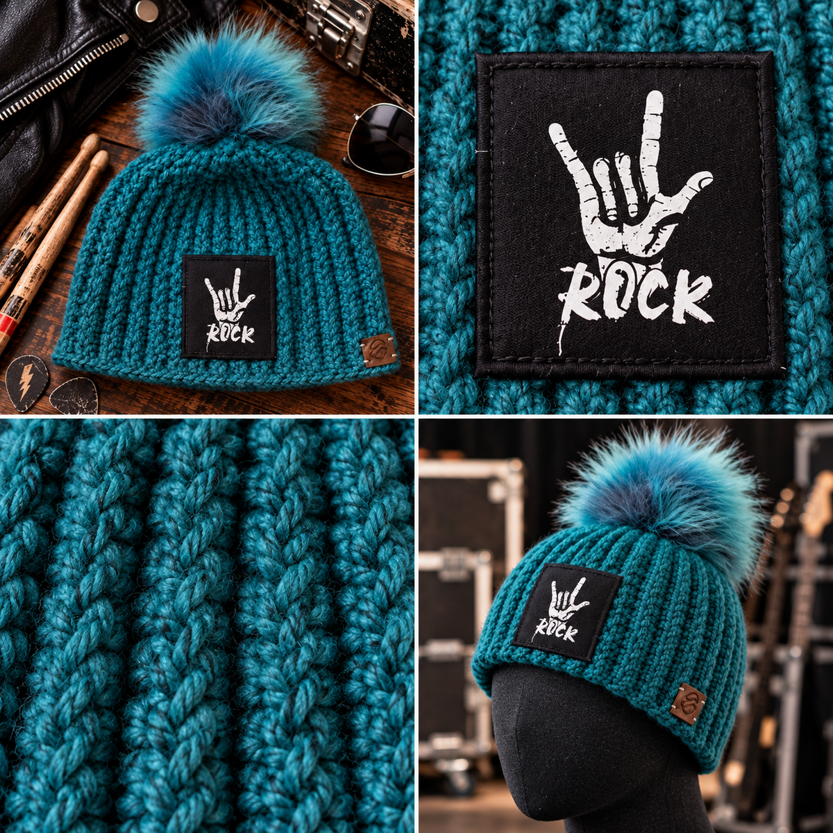 Rock Anthem™ No. 11 teal Big Noggin crochet beanie shown in four views with Classic Rib™ stitch detail, ROCK hand-horns patch, blue faux-fur pom and mannequin view.