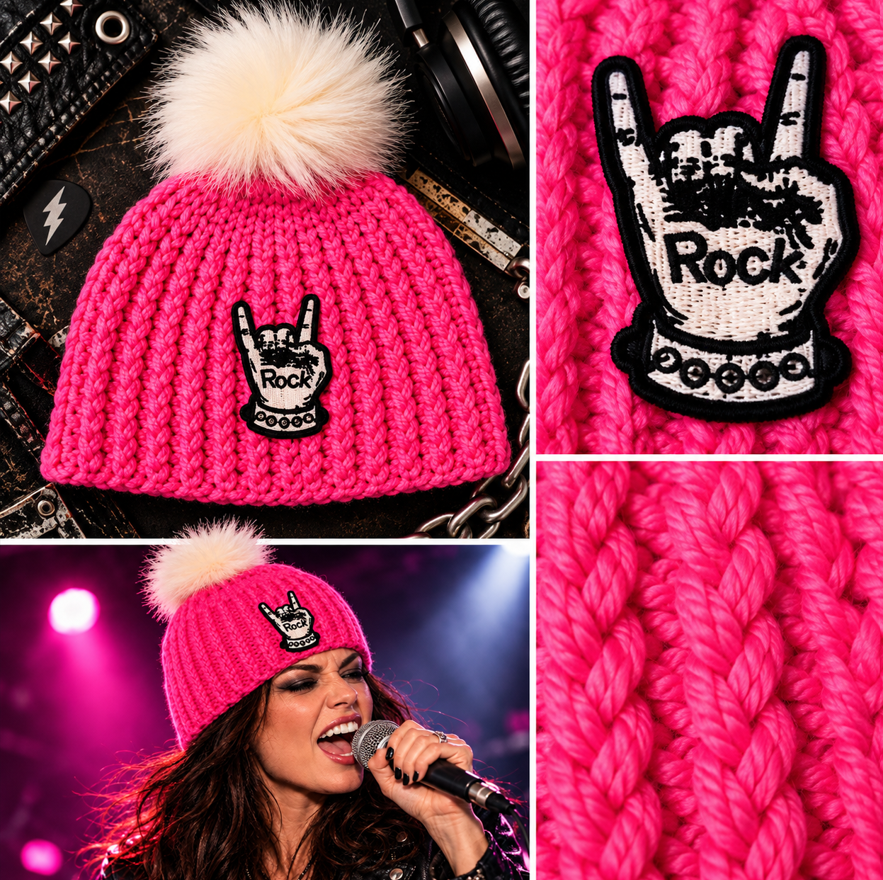 Rock Anthem No. 8 pink Big Noggin crochet beanie with rock horns patch, stitch detail and concert lifestyle view by Warm Noggin