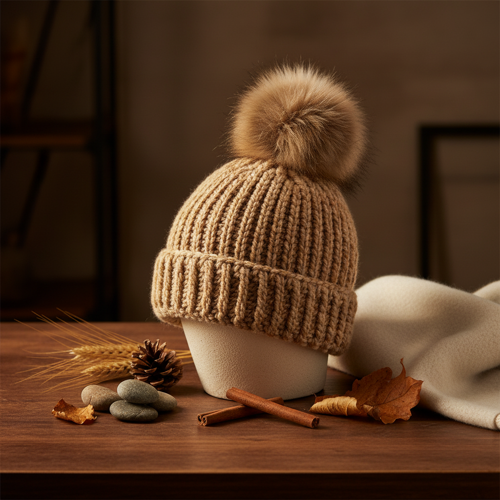 crochet brown beanie with pom-pom on a wooden surface with autumn elements.
