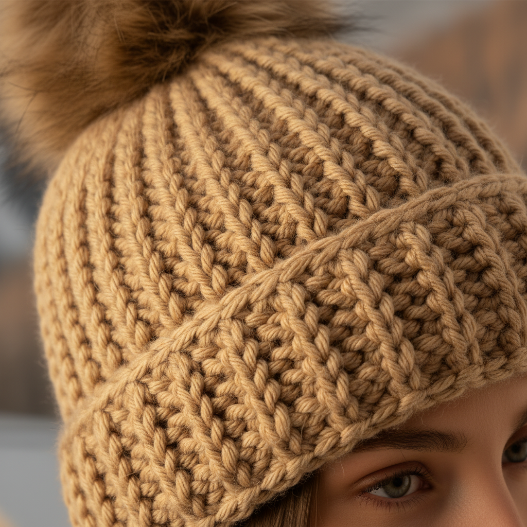 Close-up of a person wearing a brown crochet beanie with a pom-pom.