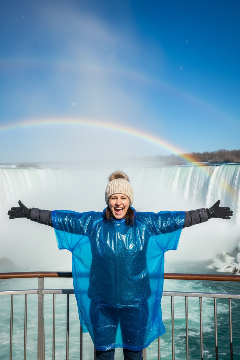Person in a blue poncho standing in front of Niagara Falls with a rainbow in the background