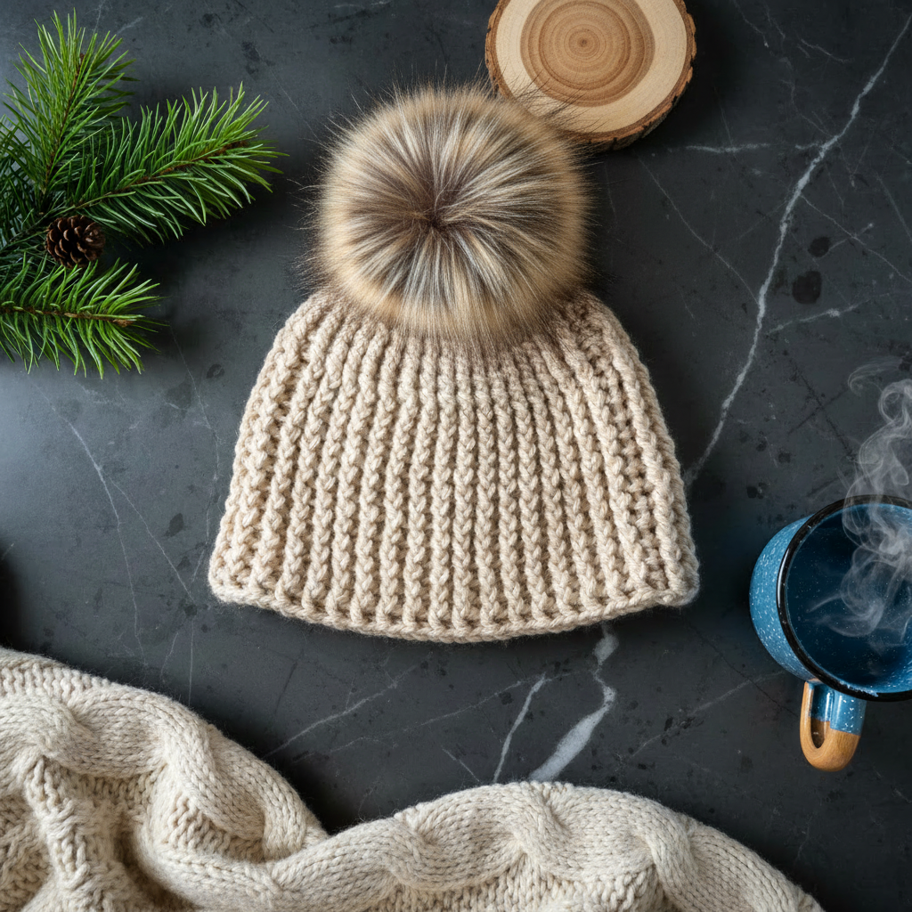 crochet beige beanie pictured with an optional fluffy pom-pom on a dark surface with a blue mug and greenery.