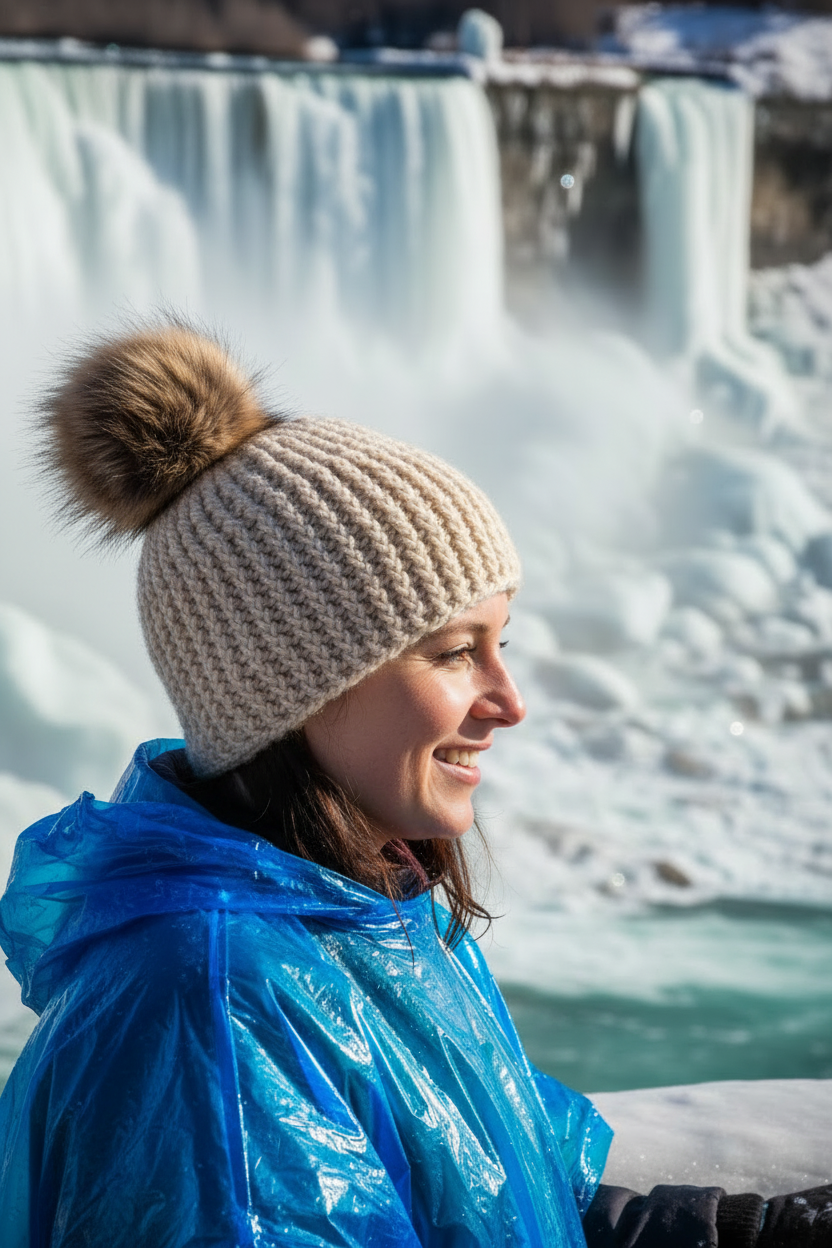 Person wearing a beige crochet hat with a pom-pom and blue raincoat in front of a waterfall.