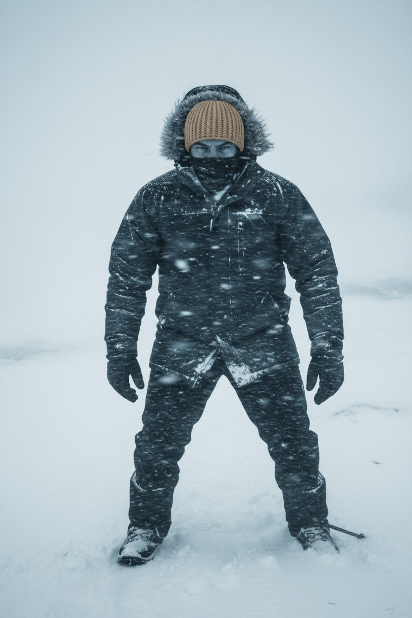 Neutral extra warm crochet beanie with dense reversible design and removable pom option for super cold weather in total white-out