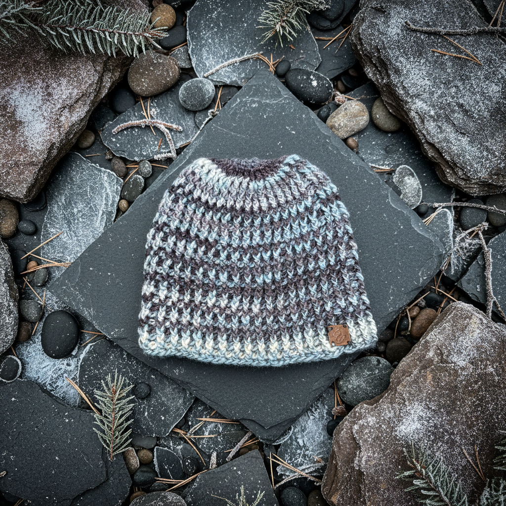 Signal Drift™ Extra Toasty handmade toboggan flat lay showing double ribbed build and clean finish on rocks in cold Environment