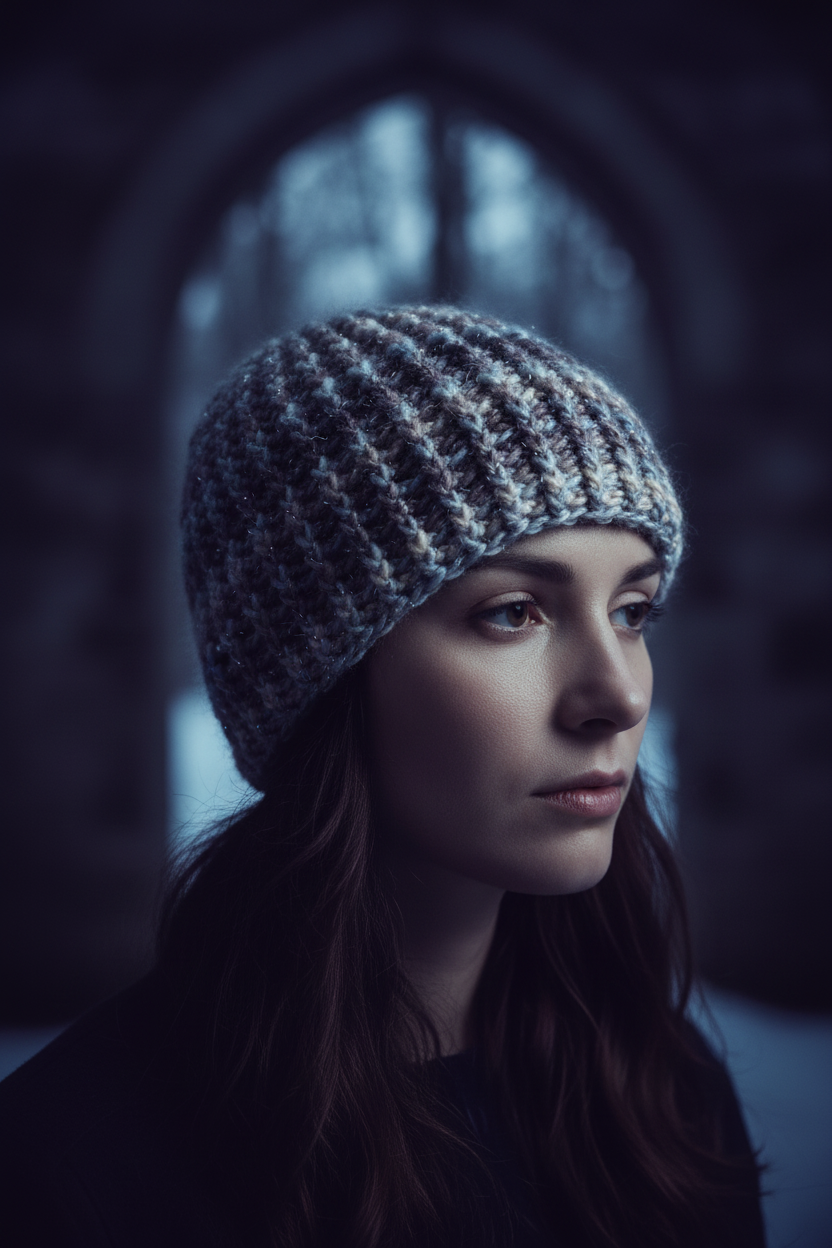 Model wearing Signal Drift™ Extra Toasty crochet beanie On-Head Angle in cold weather setting with structured fit 