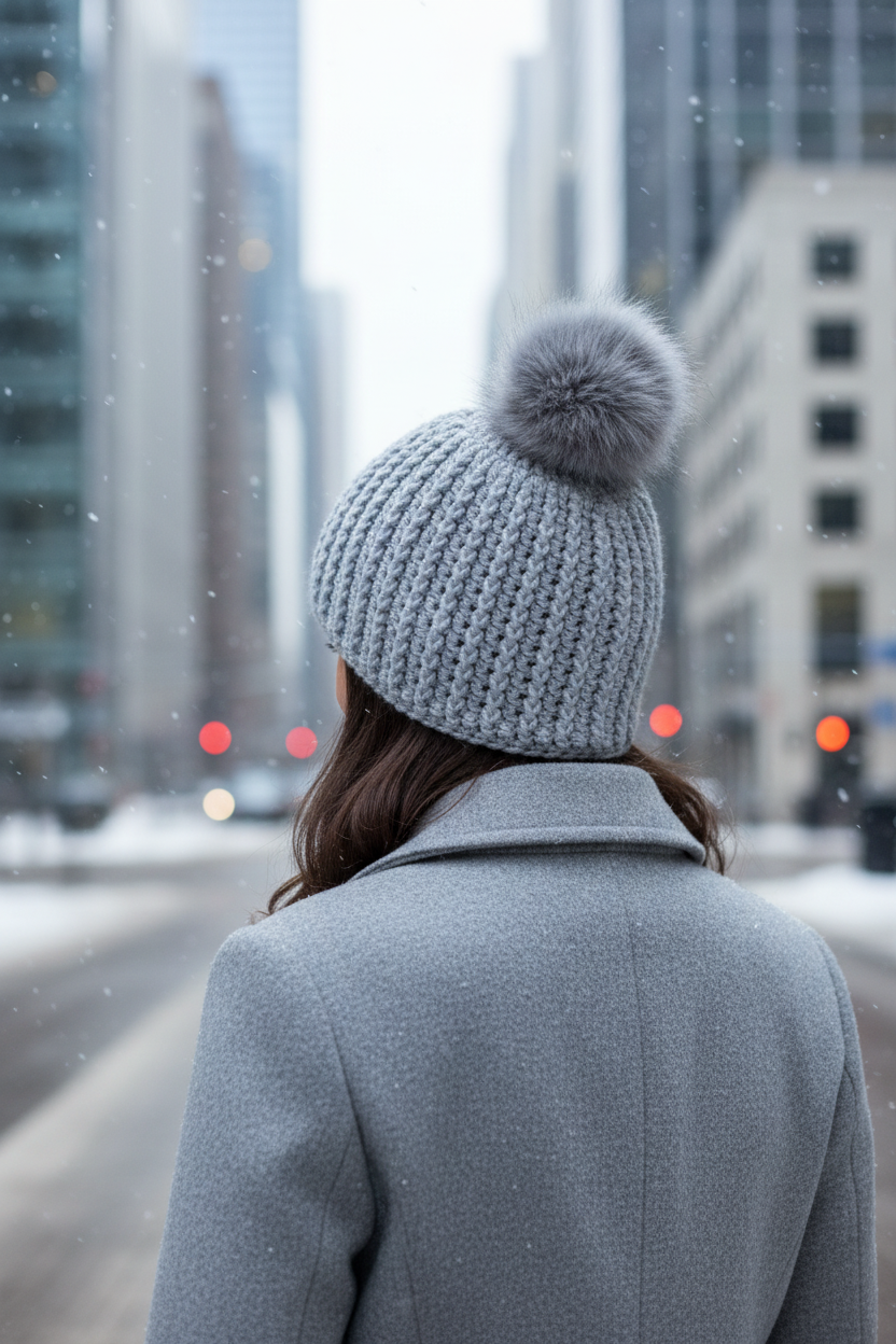 Person wearing a gray crochet beanie with a pom-pom in an urban snowy setting
