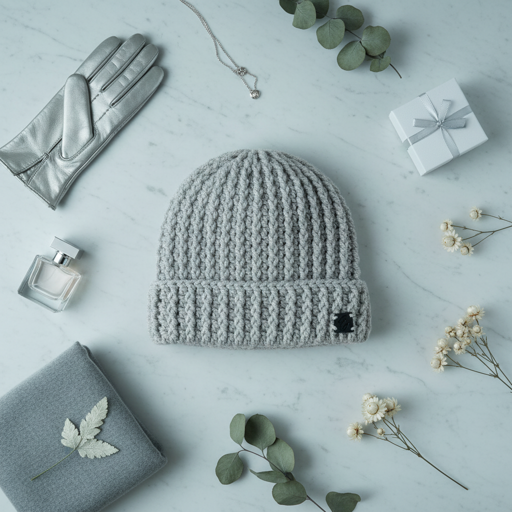 Gray crochet beanie with gloves, perfume, and gift box on a light blue surface