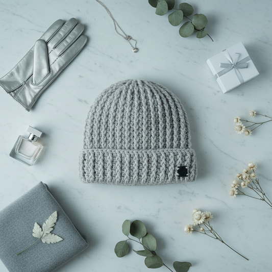 Gray crochet beanie with gloves, perfume, and gift box on a light blue surface