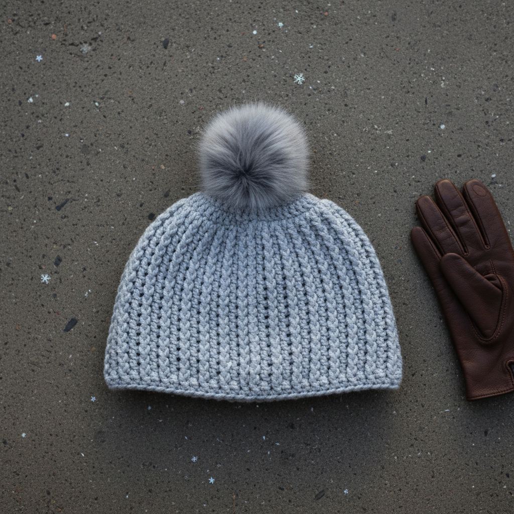 Gray crochet hat with a pom-pom and brown gloves on a dark textured surface