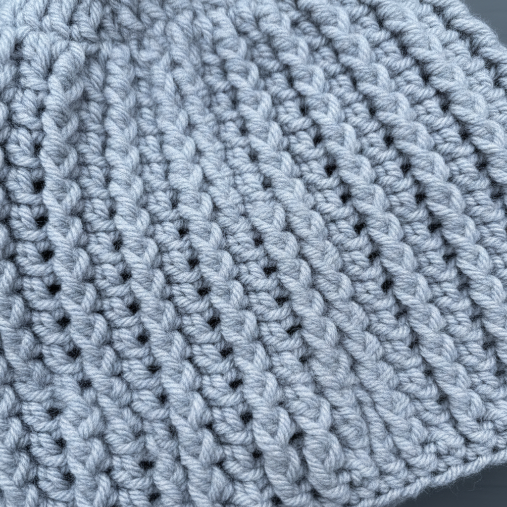 Close-up of a textured gray fabric with a crochet pattern