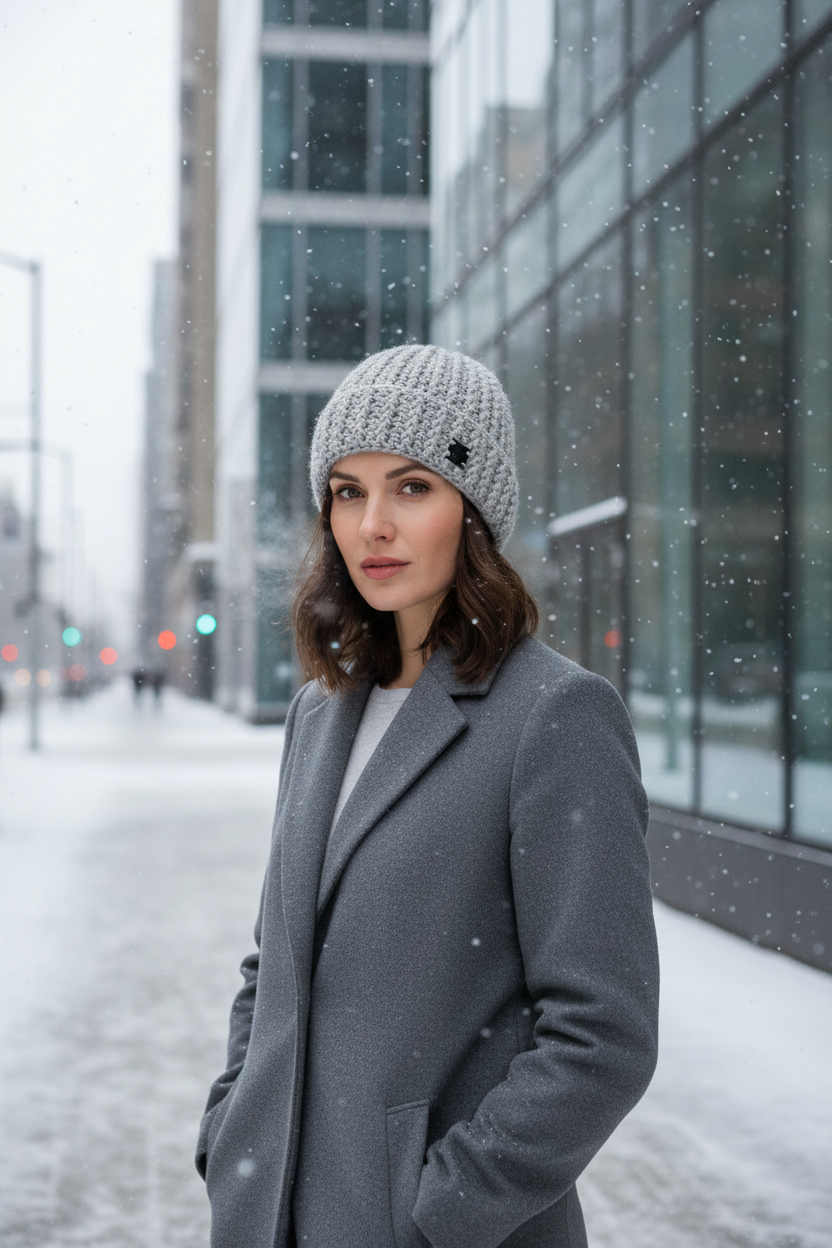 Woman wearing a gray coat and crochet hat standing in a snowy urban setting.